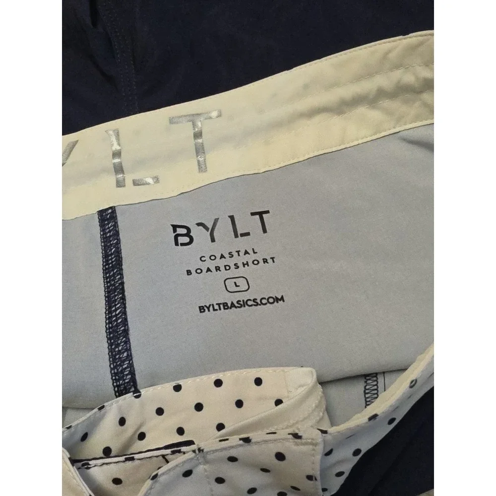 BYLT Coastal Board Shorts Men's L Large Navy Blue Polka Dot Bathing Suit Stretch